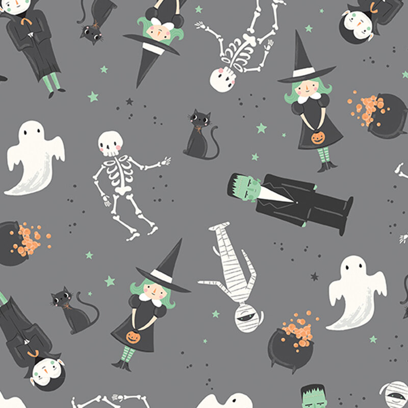 This gray fabric features tossed whimsical Halloween characters, including ghosts, witches, skeletons, black cats, mummies, and Frankenstein.