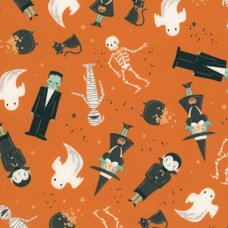This orange fabric features tossed whimsical Halloween characters, including ghosts, witches, skeletons, black cats, mummies, and Frankenstein.