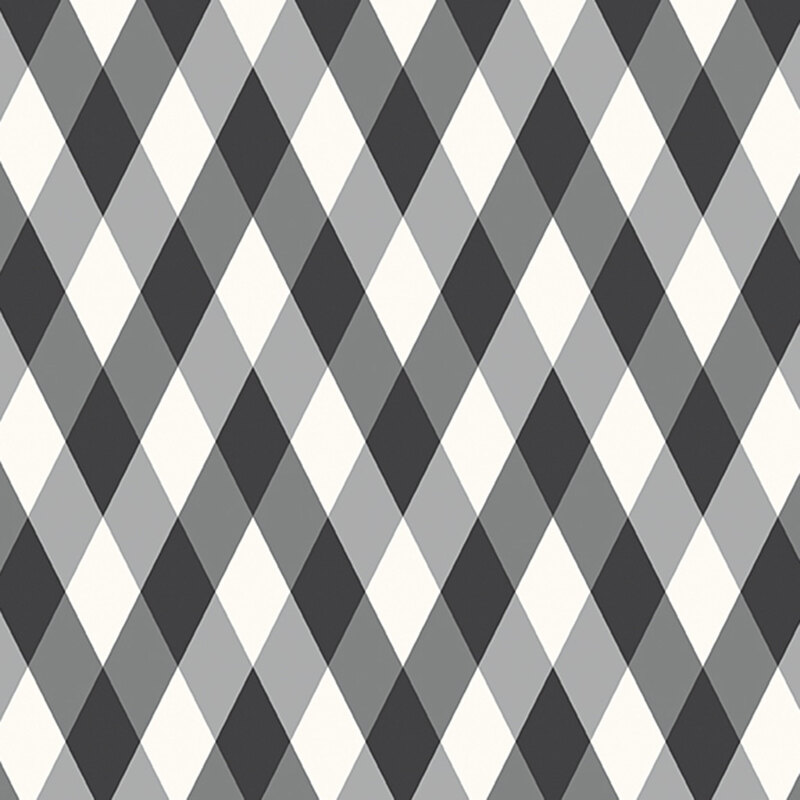 This black, gray, and white geometric print features an harlequin diamond pattern. 