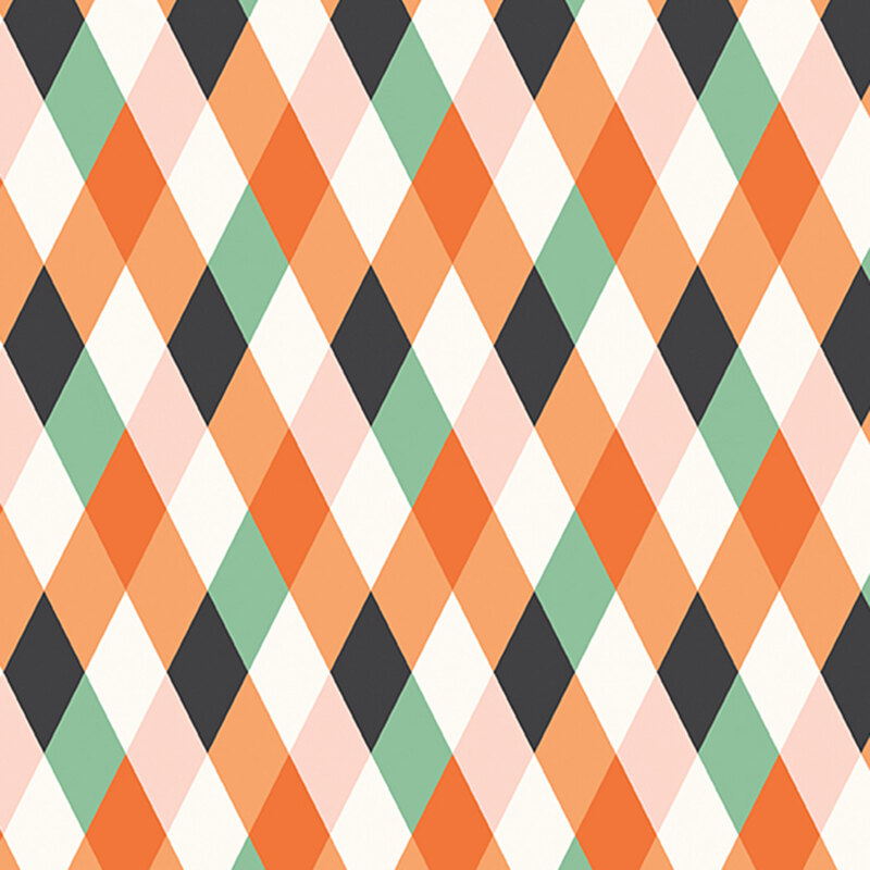 This white, orange, light pink, black, and teal geometric print features an harlequin diamond pattern. 
