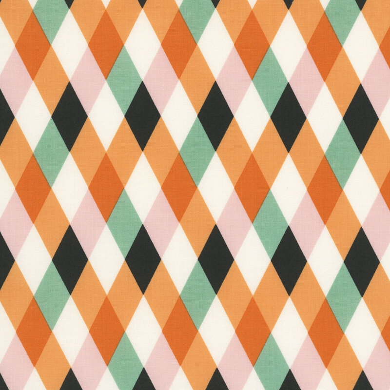 This white, orange, light pink, black, and teal geometric print features an harlequin diamond pattern. 