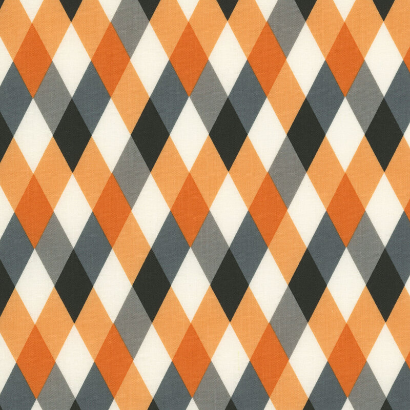 This white, orange, black, and gray geometric print features an harlequin diamond pattern. 