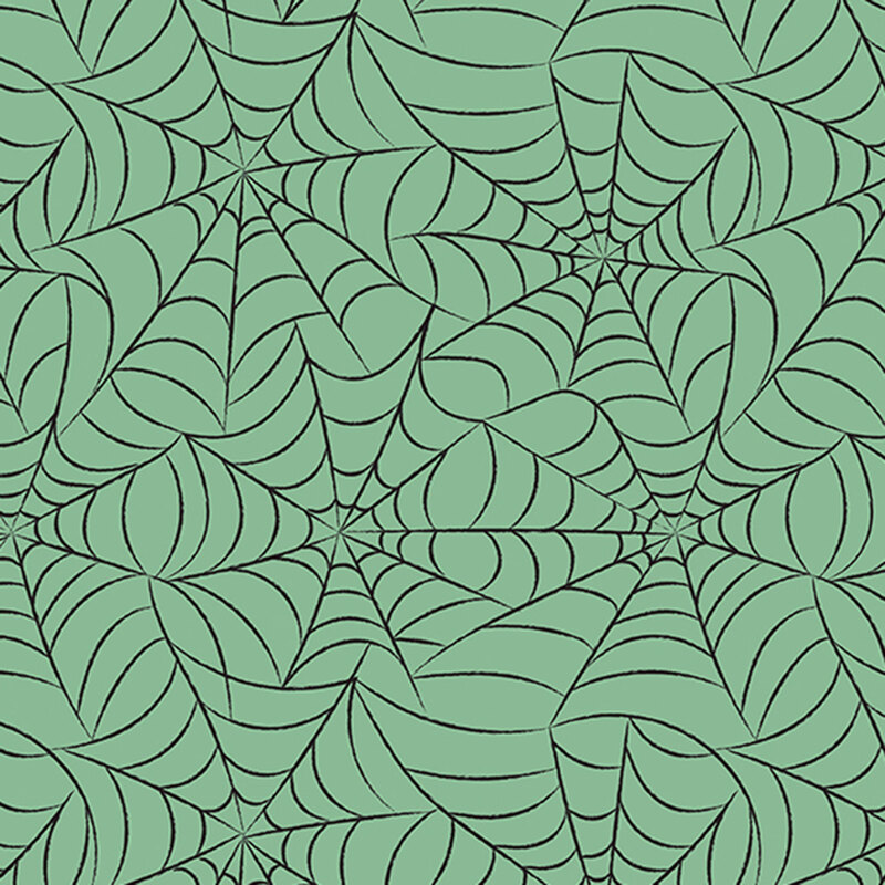 This teal-green fabric features an intricate pattern of spiderwebs.