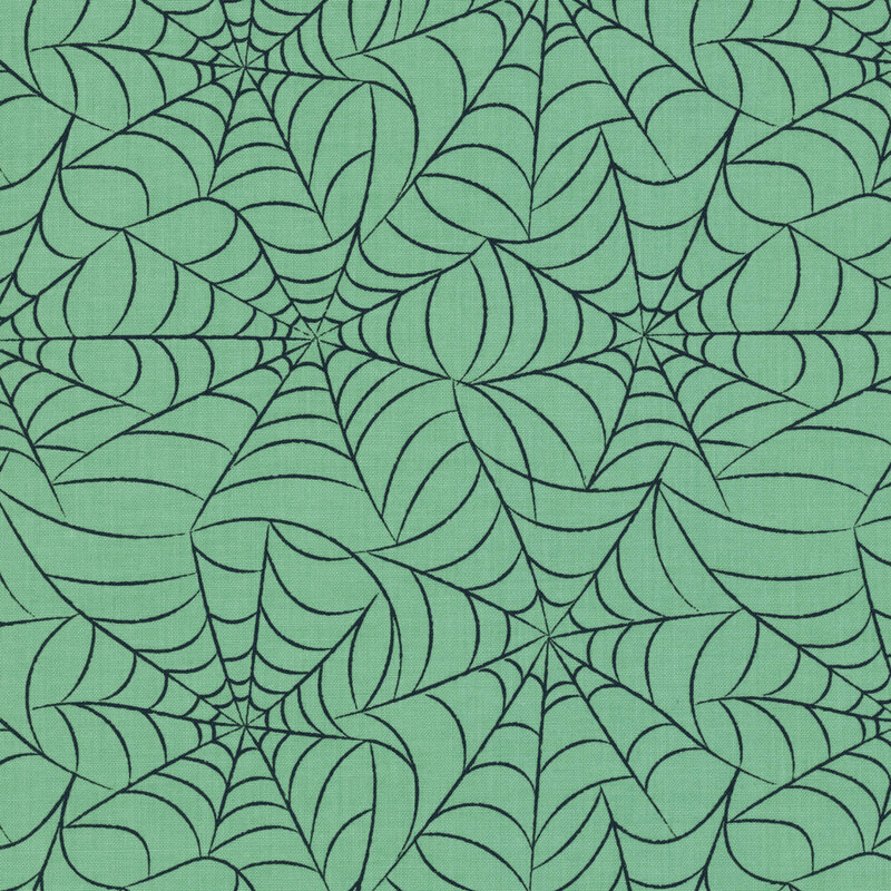 This teal-green fabric features an intricate pattern of spiderwebs.