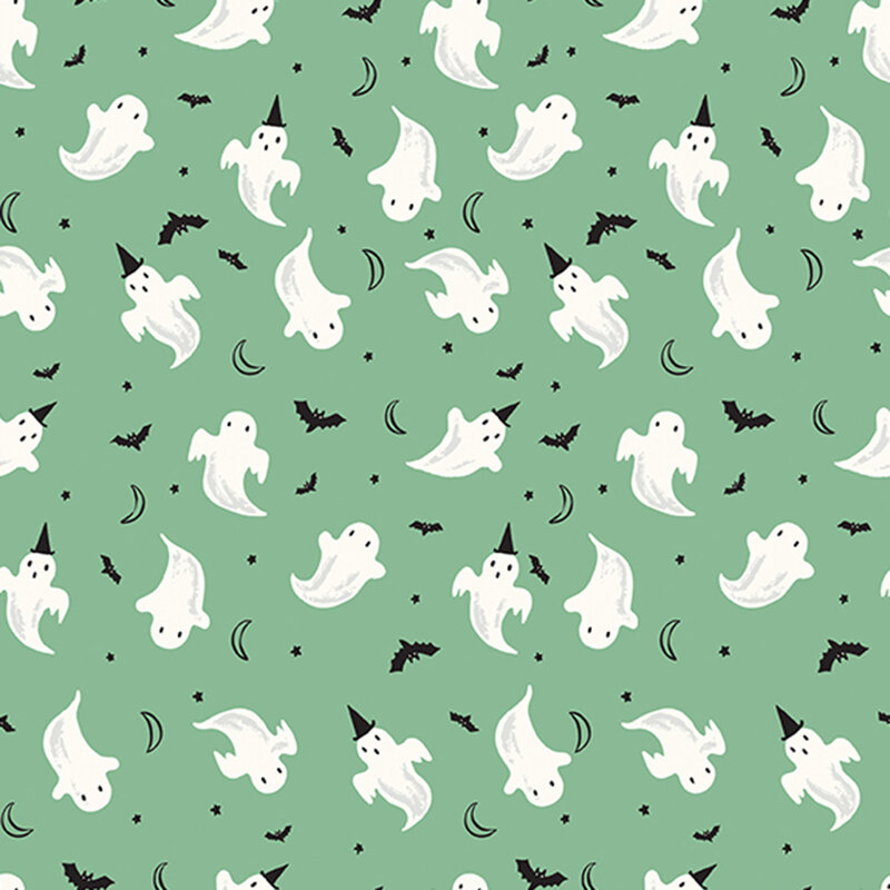 This teal-green fabric features playful ghosts, fluttering bats, crescent moons, and tiny stars.