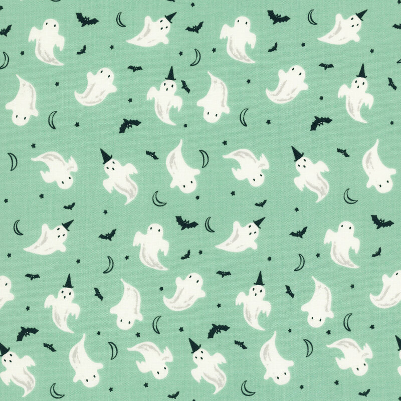 This teal-green fabric features playful ghosts, fluttering bats, crescent moons, and tiny stars.
