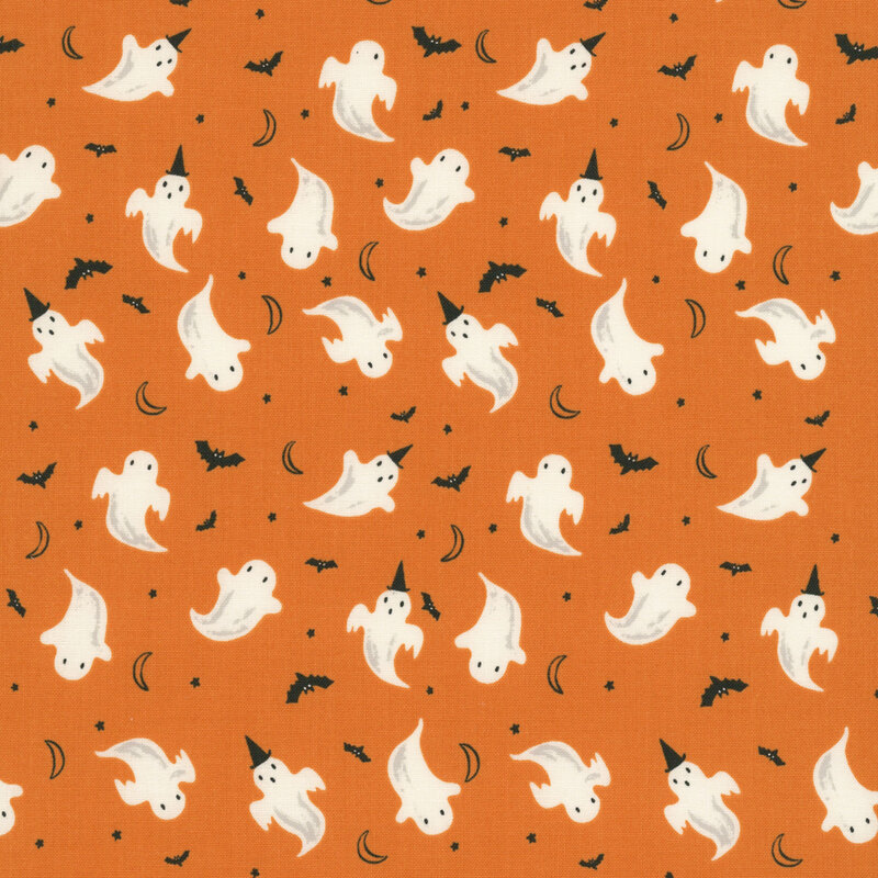 This orange fabric features playful ghosts, fluttering bats, crescent moons, and tiny stars.