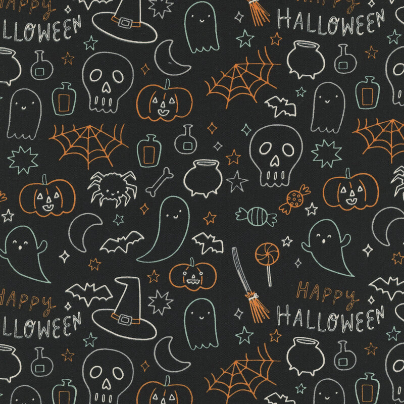 This black fabric features playful glow in the dark Halloween doodles including ghosts, skulls, pumpkins, bats, spiders, candy, stars, and potion bottles. 