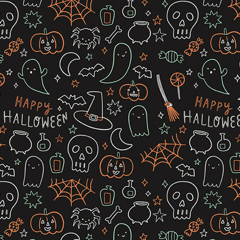 This black fabric features playful glow in the dark Halloween doodles including ghosts, skulls, pumpkins, bats, spiders, candy, stars, and potion bottles. 