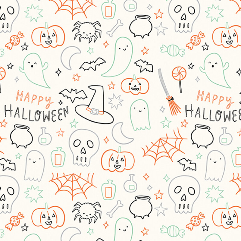 This white fabric features playful Halloween doodles including ghosts, skulls, pumpkins, bats, spiders, candy, stars, and potion bottles.