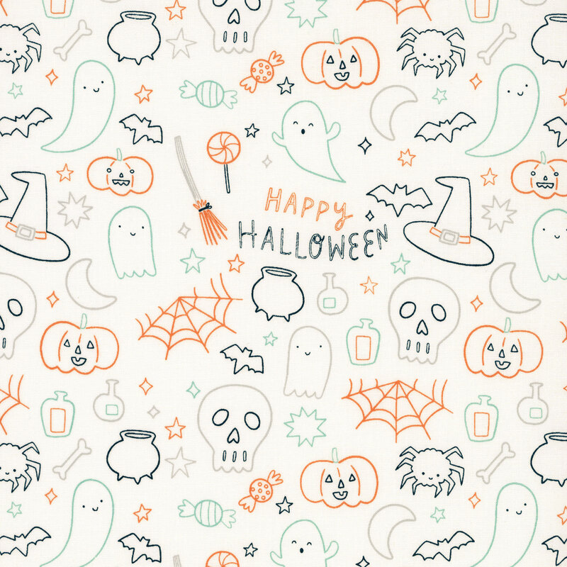 This white fabric features playful Halloween doodles including ghosts, skulls, pumpkins, bats, spiders, candy, stars, and potion bottles.