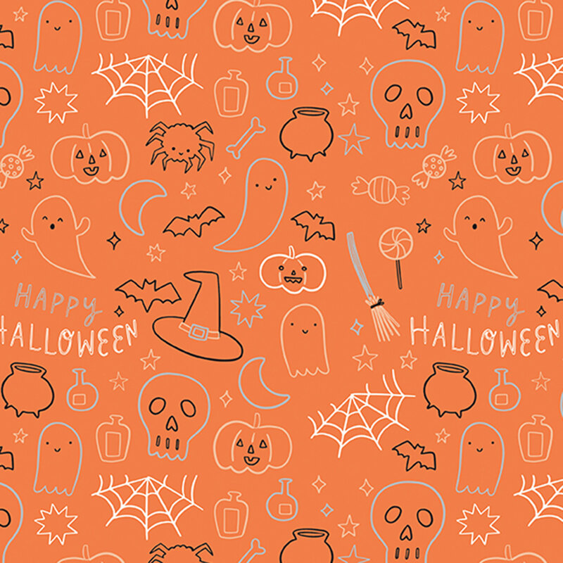 This orange fabric features playful Halloween doodles including ghosts, skulls, pumpkins, bats, spiders, candy, stars, and potion bottles.