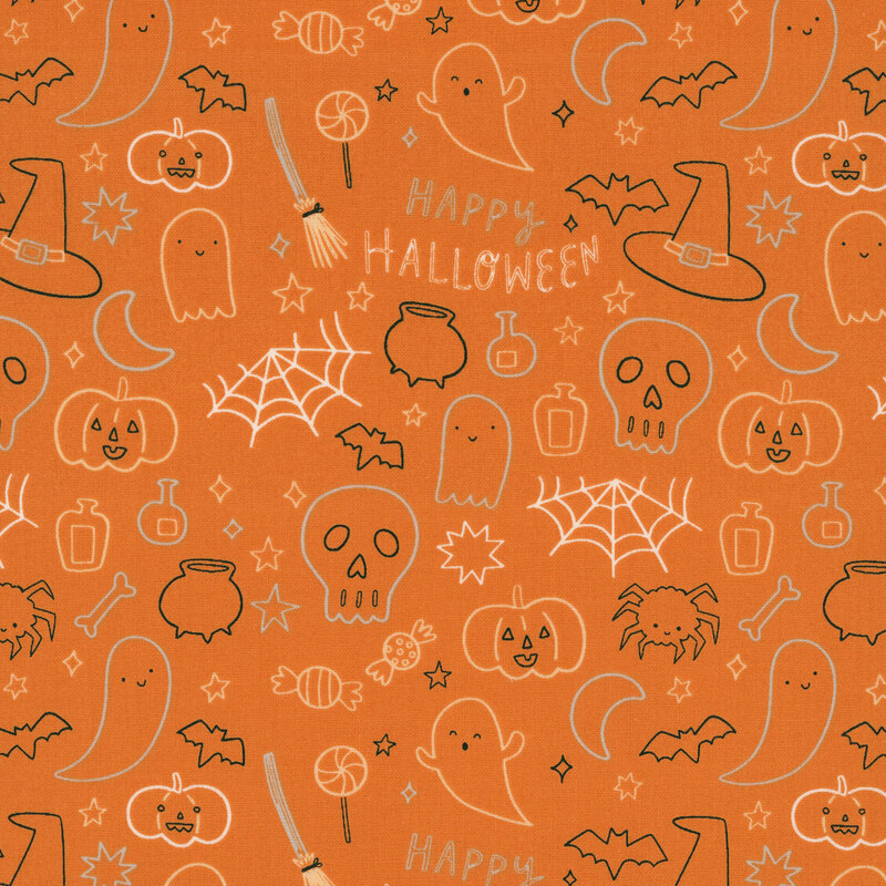 This orange fabric features playful Halloween doodles including ghosts, skulls, pumpkins, bats, spiders, candy, stars, and potion bottles.