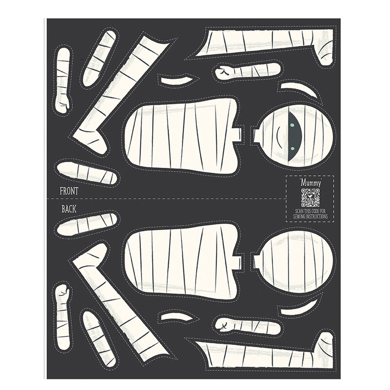This black and white panel features the pieces to make a spooky mummy from the fabric collection Frank and Friends. 