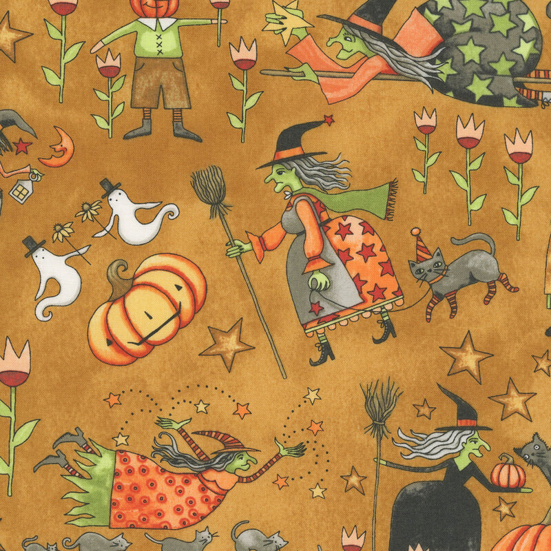 mottled orange fabric with cartoon cats, pumpkins, scarecrows, and witches tossed among stars.