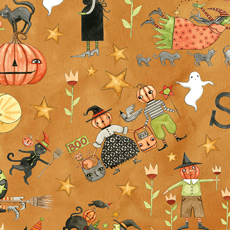 mottled orange fabric with cartoon cats, pumpkins, scarecrows, and witches tossed among stars.