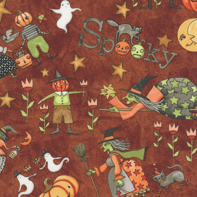 mottled deep red fabric with cartoon cats, pumpkins, scarecrows, and witches tossed among stars.