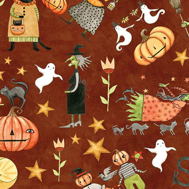 mottled deep red fabric with cartoon cats, pumpkins, scarecrows, and witches tossed among stars.
