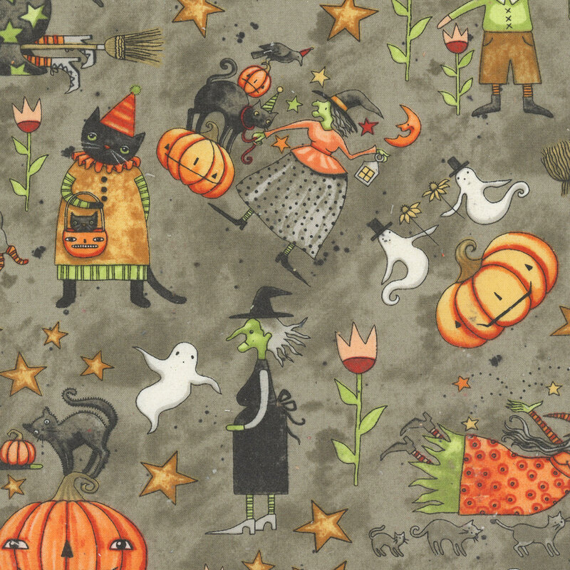 mottled stone gray fabric with cartoon cats, pumpkins, scarecrows, and witches tossed among stars.