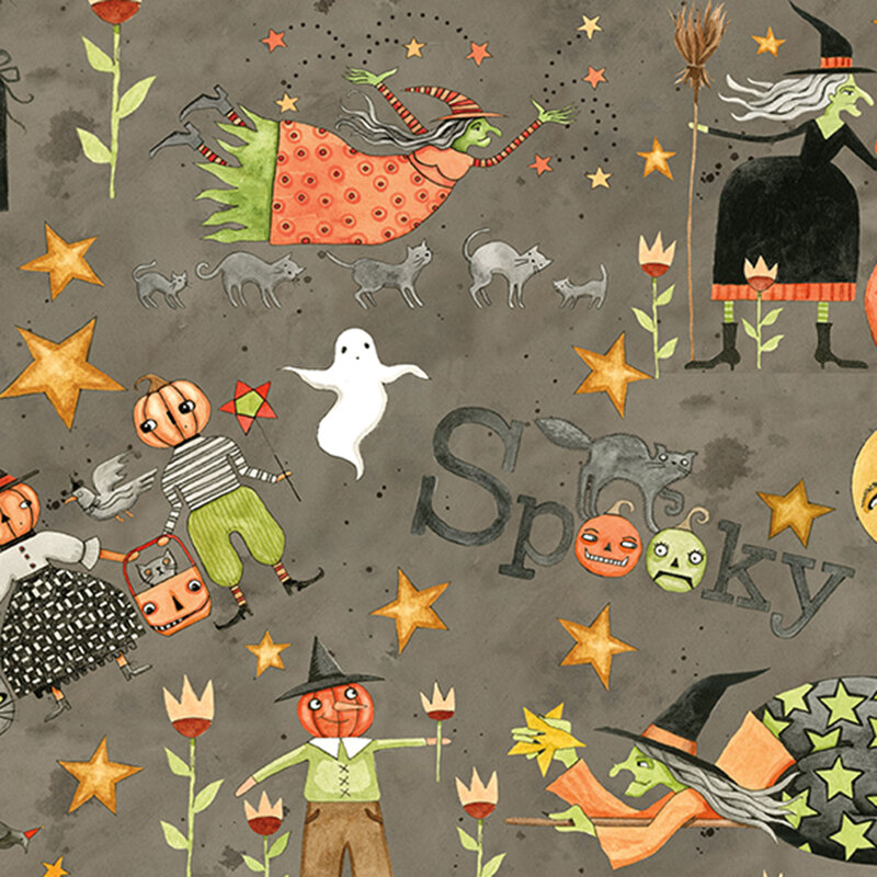 mottled stone gray fabric with cartoon cats, pumpkins, scarecrows, and witches tossed among stars.