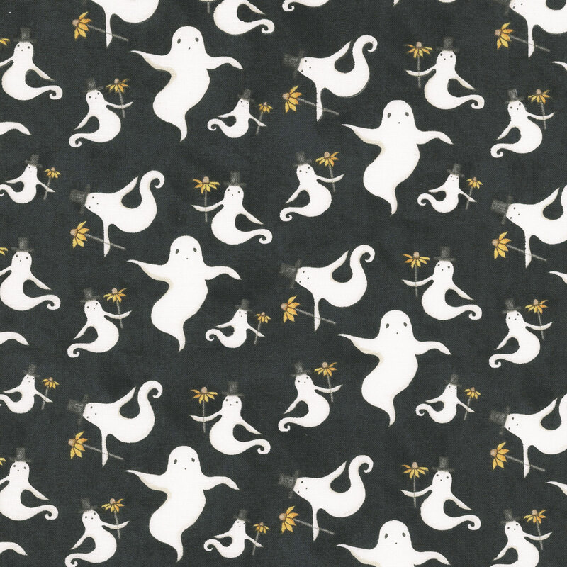 white ghosts in top hats holding yellow flowers tossed on mottled black fabric