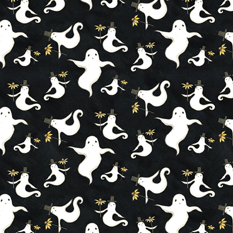 white ghosts in top hats holding yellow flowers tossed on mottled black fabric