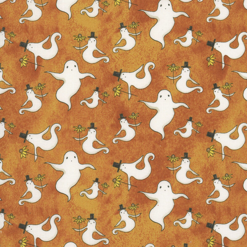 white ghosts in top hats holding yellow flowers tossed on mottled orange fabric