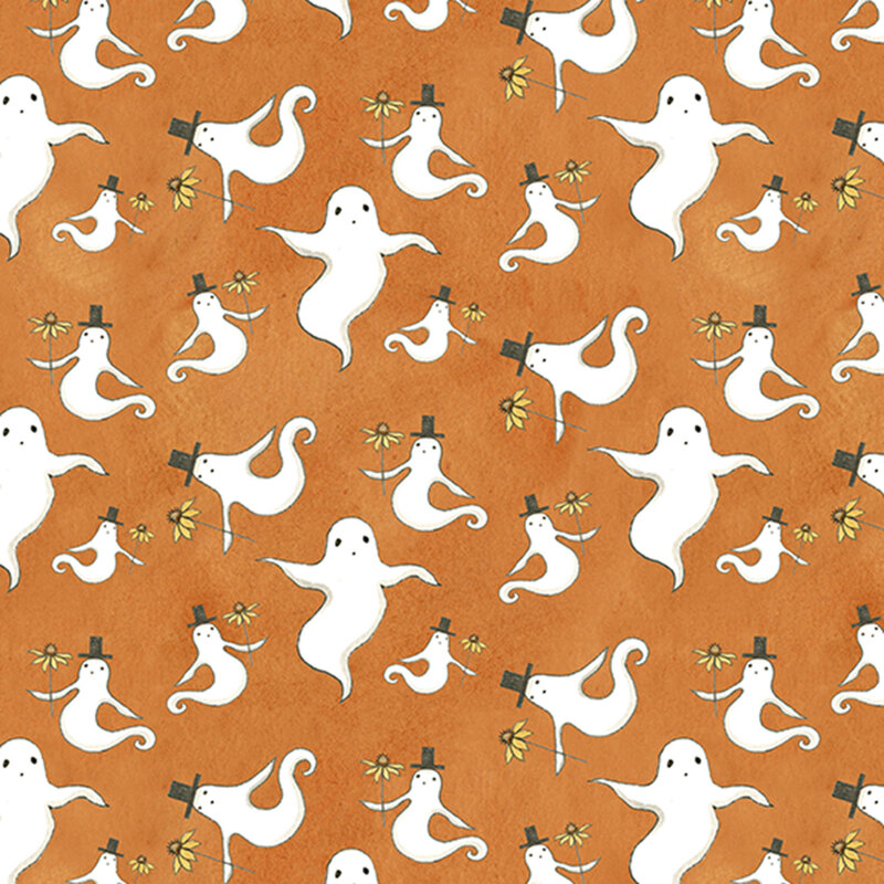 white ghosts in top hats holding yellow flowers tossed on mottled orange fabric