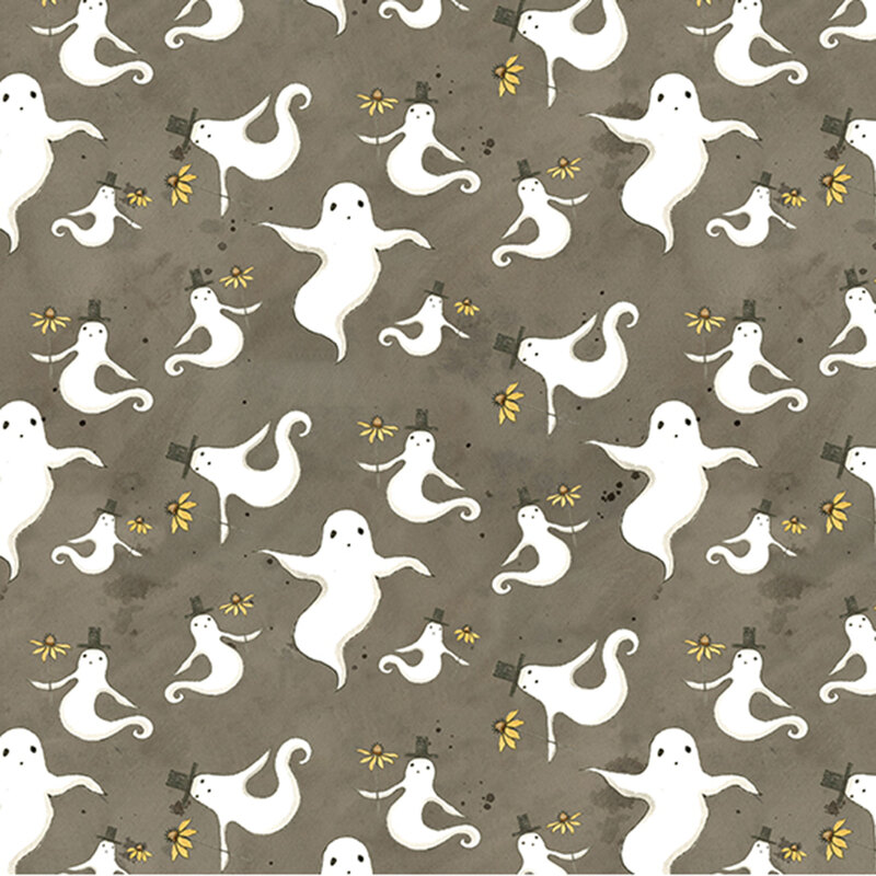 white ghosts in top hats holding yellow flowers tossed on mottled warm gray fabric