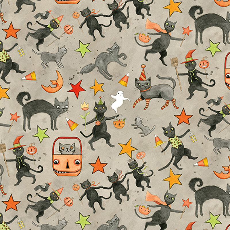 mottled stone gray fabric scattered with black and gray cats dancing and posing in their halloween costumes and pumpkin buckets.
