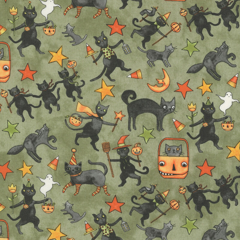 mottled sage green fabric scattered with black and gray cats dancing and posing in their halloween costumes and pumpkin buckets.