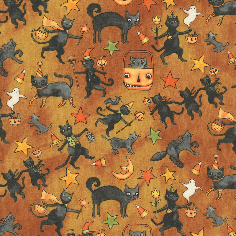 mottled orange fabric scattered with black and gray cats dancing and posing in their halloween costumes and pumpkin buckets.