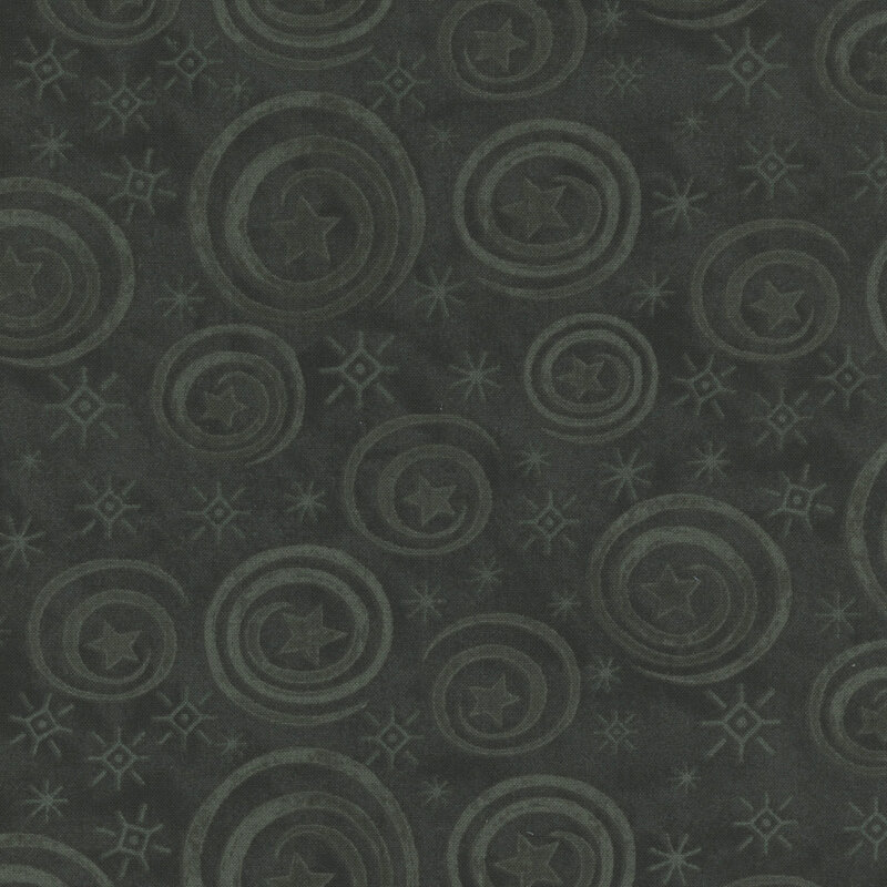 mottled and tonal black fabric featuring stars and swirls