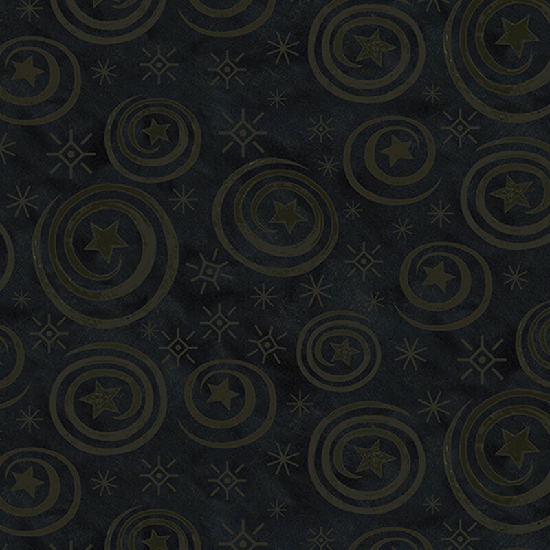 mottled and tonal black fabric featuring stars and swirls