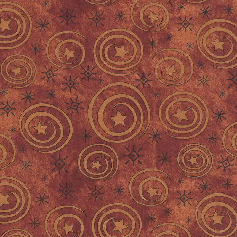 mottled dark red fabric featuring stars and swirls in black and orange