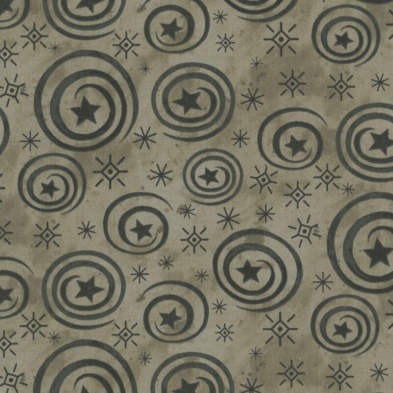 mottled slate gray fabric featuring black stars and swirls