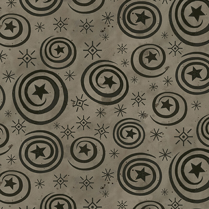 mottled slate gray fabric featuring black stars and swirls