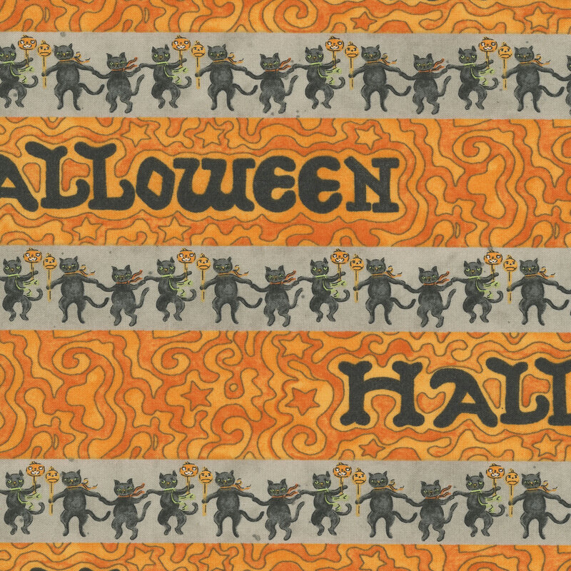 A stripe containing halloween outlined with swirling light and dark orange, alternating with a stripe mottled gray featuring dancing black cats.
