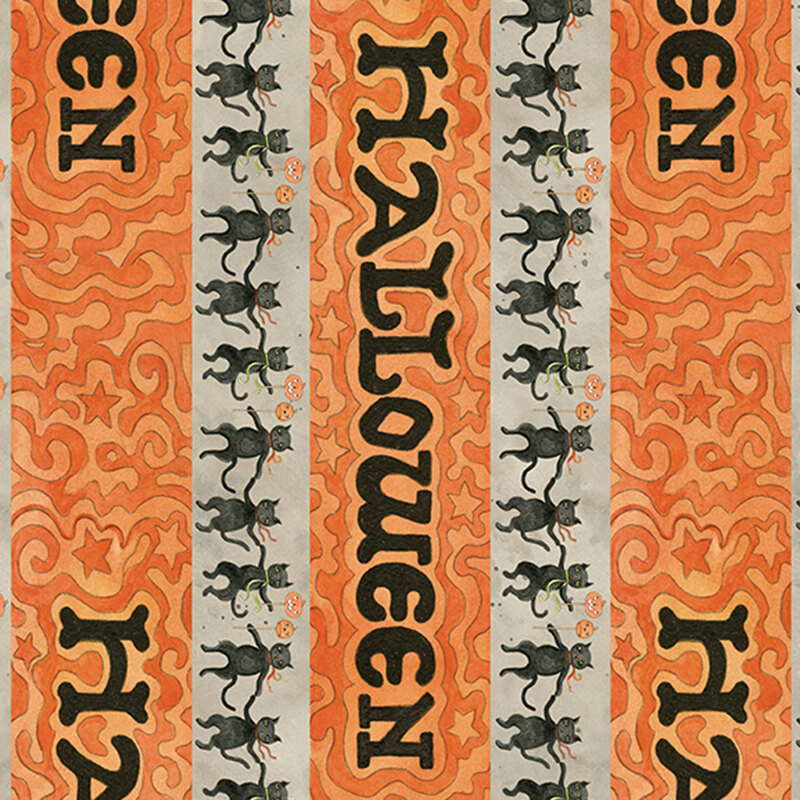 A stripe containing halloween outlined with swirling light and dark orange, alternating with a stripe mottled gray featuring dancing black cats.