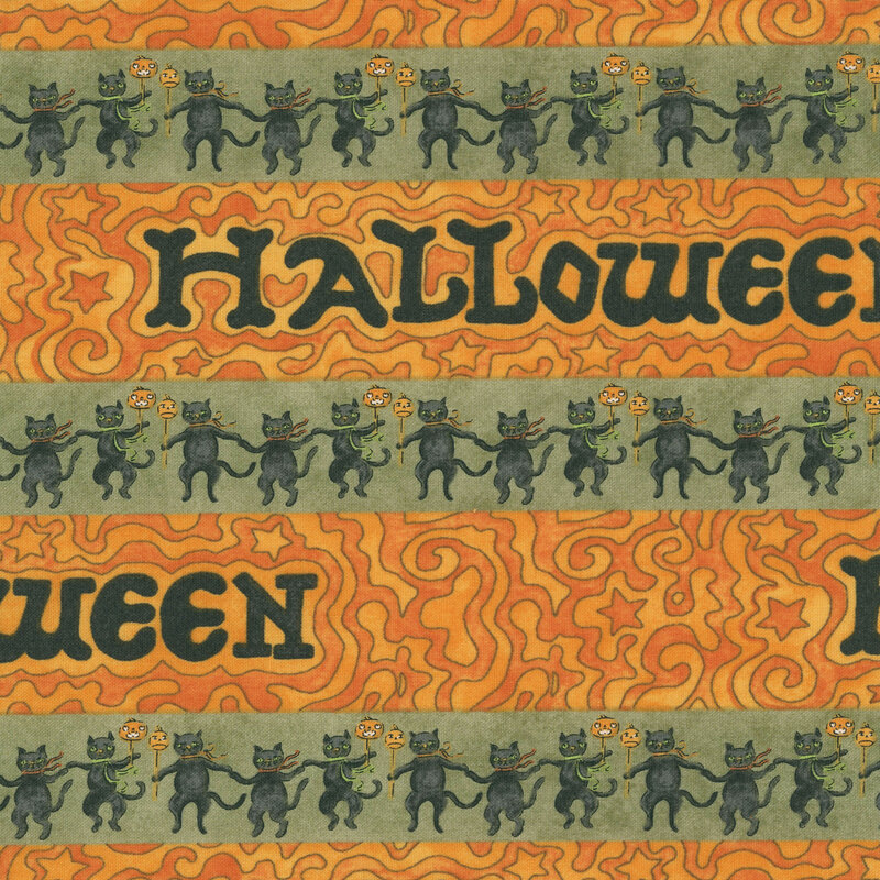 A stripe containing halloween outlined with swirling light and dark orange, alternating with a stripe mottled sage featuring dancing black cats.