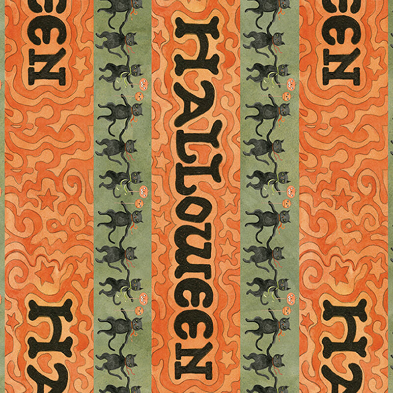 A stripe containing halloween outlined with swirling light and dark orange, alternating with a stripe mottled sage featuring dancing black cats.