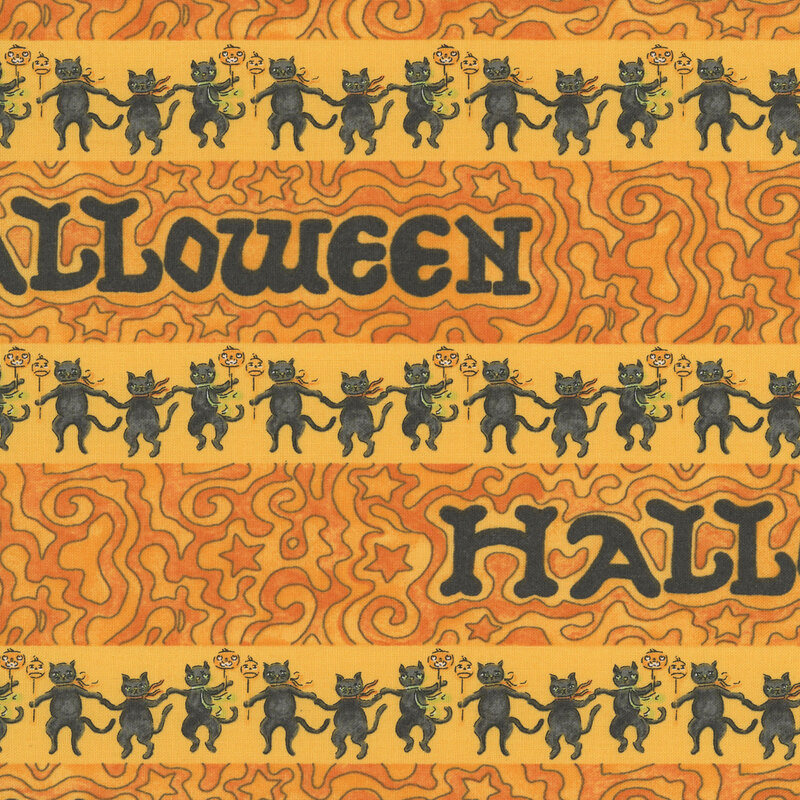 A stripe containing halloween outlined with swirling light and dark orange, alternating with a stripe mottled light orange featuring dancing black cats.