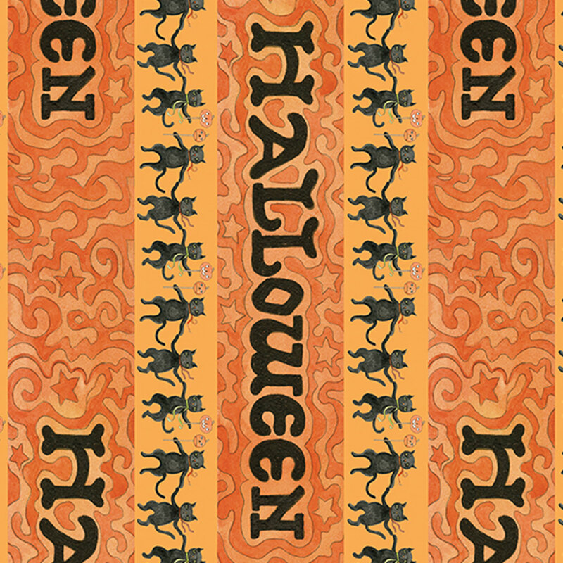 A stripe containing halloween outlined with swirling light and dark orange, alternating with a stripe mottled light orange featuring dancing black cats.