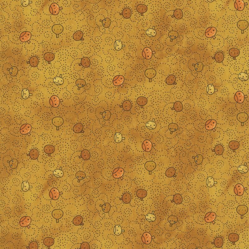 mottled orange fabric featuring orange pumpkin faces tossed with black and gray dotted swirls.