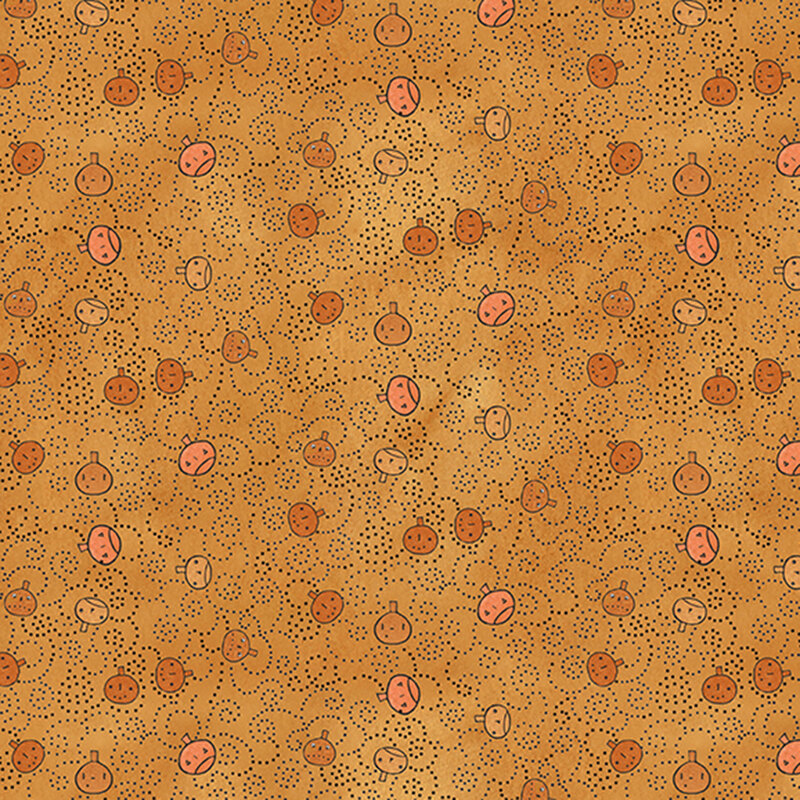 mottled orange fabric featuring orange pumpkin faces tossed with black and gray dotted swirls.