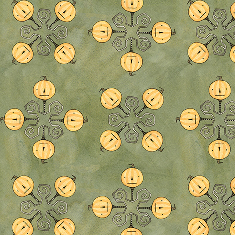 mottled sage green fabric featuring a geometric design topped with orange pumpkin heads.