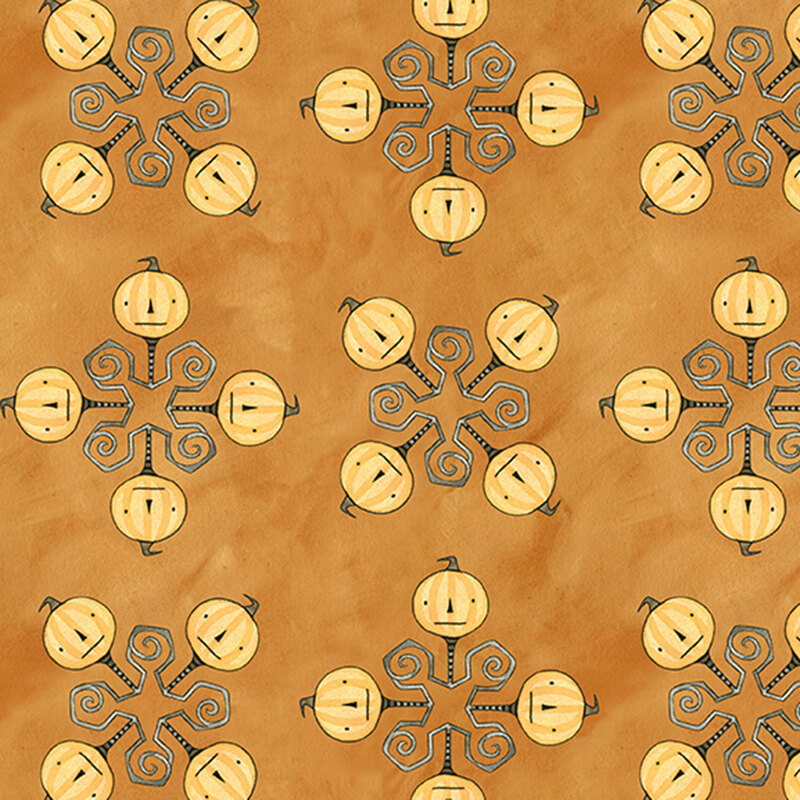 mottled orange fabric featuring a geometric design topped with orange pumpkin heads.