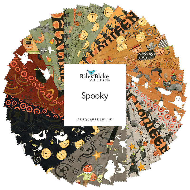 Collage of fabric swatches in red, sage, orange, gray, and black in a circular pattern, labeled Spooky by Riley Blake Designs.
