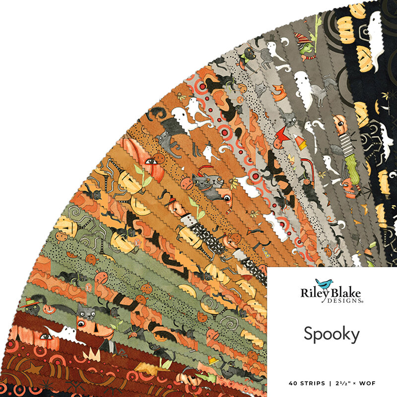Collage of fabric strips in the Spooky collection featuring red, sage, orange, gray, and black fabric with a Halloween motif.