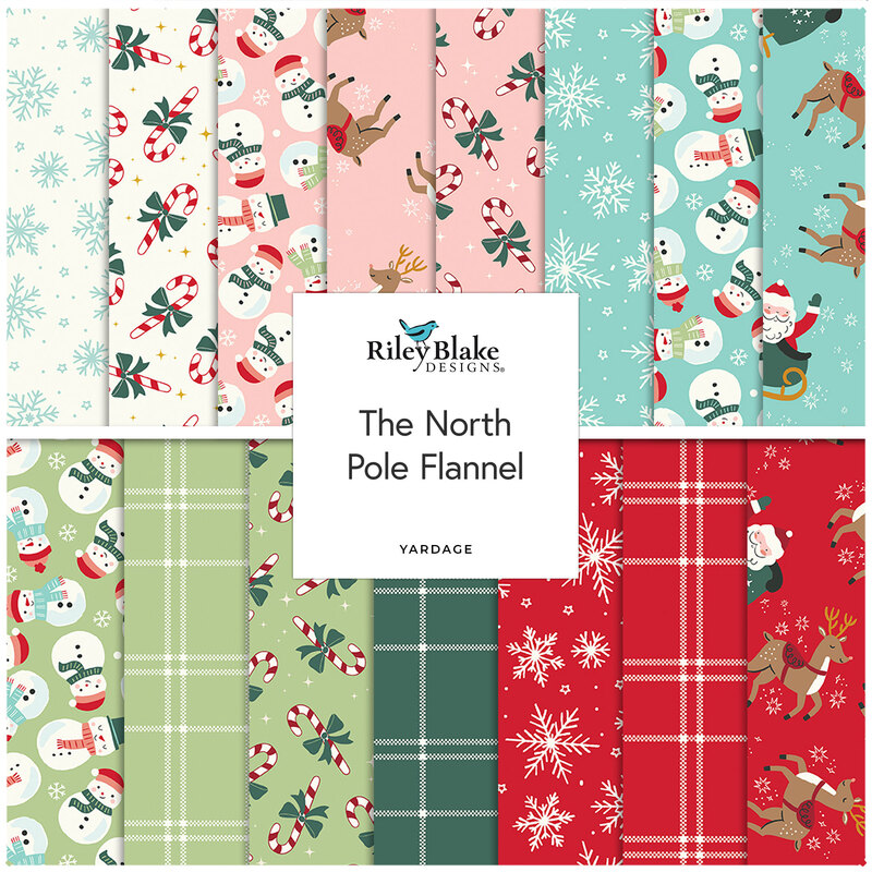 A fabric collage featuring christmas motifs including reindeer, santa, snowflakes, candycanes, and snowmen from the fabric collection 'The North Pole Flannel'.  